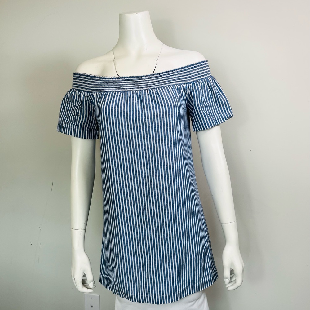 J. Crew Blue and White Striped Off-Shoulder Tunic
